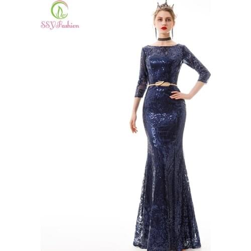 SSYFashion New Banquet Evening Dress Simple Elegant 3/4 Sleeve Navy Blue Sexy Slim Sequins Mermaid Long Formal Party Gowns