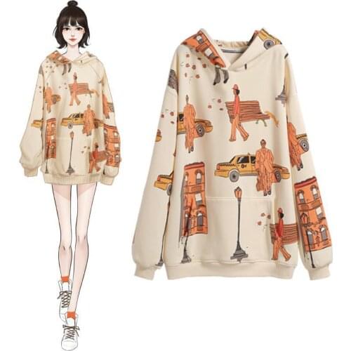 Spring Autumn Pullover Sweatshirt Women White Fleece Korean Loose Long Sleeve Hooded Collar Cartoon Print Hoodie