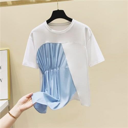 Irregular Splicing Round Neckline Cotton Short Sleeve T-shirt Female 2020 Summer Loose T Shirts Girls Ladies Tops Tees T Shirt