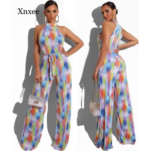 High Waist Straight Rompers Elegant Jumpsuit Women Sleeveless Sexy Halter Empire Stripes Print Lady Loose Long Clothing Outfits