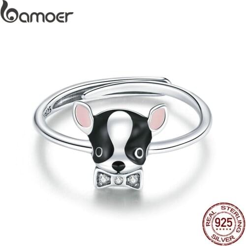 Bamoer Sterling Silver 925 Signet Ring Cute Puppy Finger Ring Open for Women Free Size Korean Style silver Jewelry SCR695