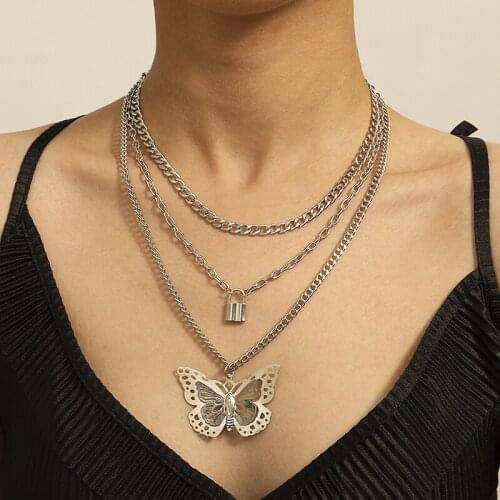 European And American Fashion Multi-Layer Wild Necklace Hip Hop Hollow Butterfly Lock Necklace Women