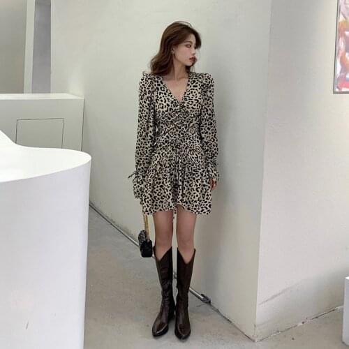 Fashion Sexy Leopard Women Dress Deep V Neck Long Sleeves Draw String High Street Summer A Line Party Club Mini Dress 2021
