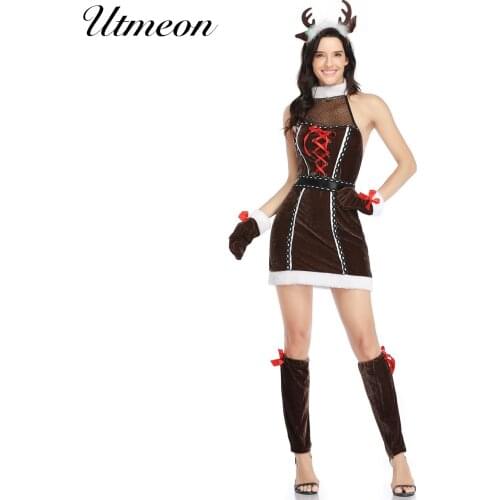 Adult Womens Slim Velvet Sexy Christmas Costumes Santa Claus Costume Xmas Sexy Santa Dress Cosplay