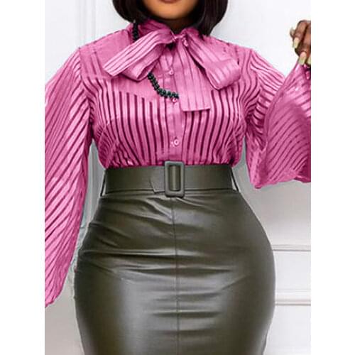 Women Blue Purple Blouses Striped See Through Long Lantern Sleeve Thin Transparent Tops Shirts Plus Size Female Fashion New 2021