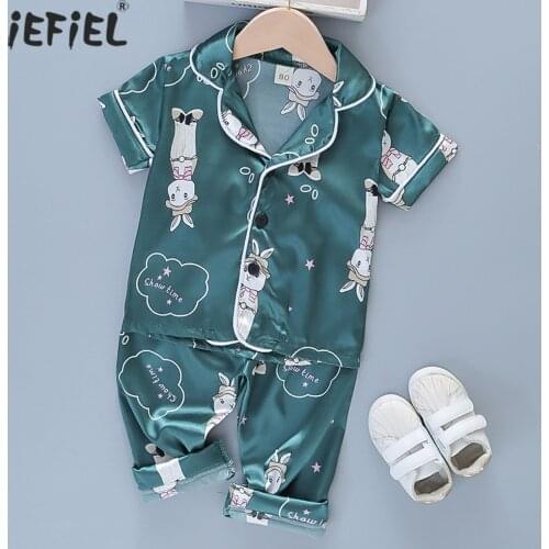 Children Pajamas Sets Silk Satin Summer Kids Cartoon Homewear Suit Girls Casual Short Sleeve Tops Pant Pyjamas Set Sleepwear