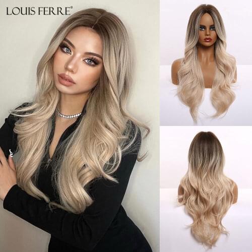 LOUIS FERRE Short Bob Wave Hair Ombre Light Blonde Synthetic Wigs for White Women Heat Resistant Fiber Daily Cosplay False Hair