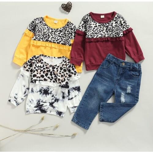FOCUSNORM 2-6Y Autumn Infant Baby Girls Clothes Sets Ruffles Leopard Patchwork Long Sleeve Sweatshirt Denim Pants