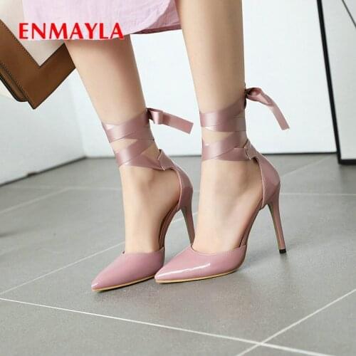 ENMAYLA Patent Leather Pointed Toe Wedding Shoes Luxury Shoes Women Thin Heels Basic Lace-Up 2020 Party Mature High Heels 34-43