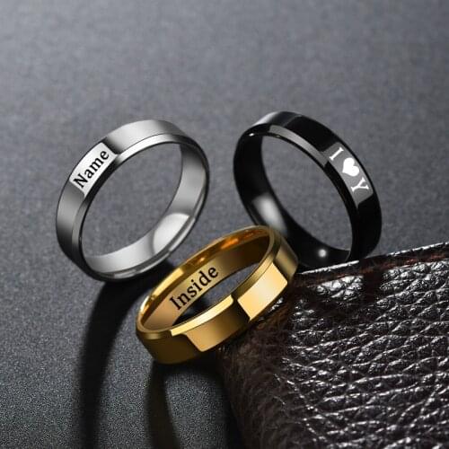Engrave Letters Words Stainless Steel Rings For Women Men Gold Silver Black Custom 6mm Square Pendant Ring Jewelry Birthday Gift