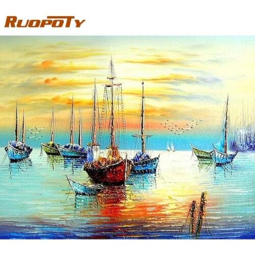 Fishing boat diy paint by numbers painting kits abstract oil painting by numbers on canvas for painting Framed Wall art Pictures