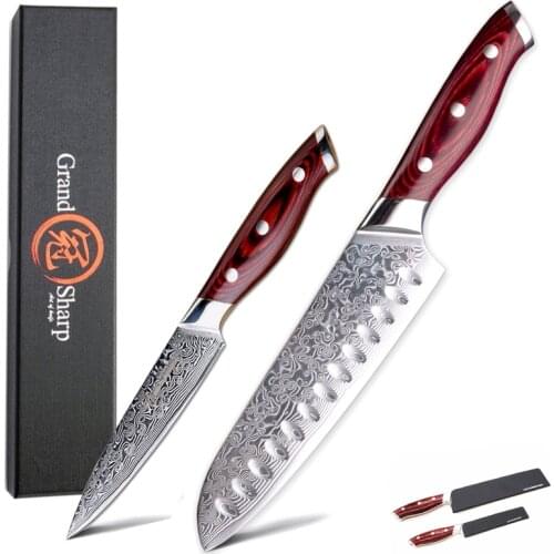 Damascus Knife Set 2Pcs Damascus Japanese Steel VG10 Santoku Utility Knives Cooking Kitchen Pro Tools with Gift Box GRANDSHARP