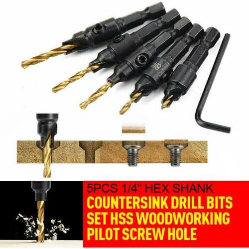 5pcs Flutes Countersink Drill Bit Set 1/4" Hex Shank HSS Pilot Screw Holes For Screw Hand Tool Set 5 6 8 10 12