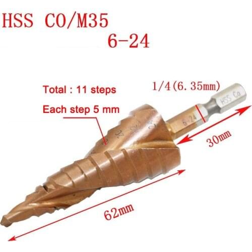 New M35 HSS-Co Cobalt Spiral Grooved Step Drill Bits 1/4" Hex Shank Wood Metal Cone Drilling 6-24mm Hole Saw