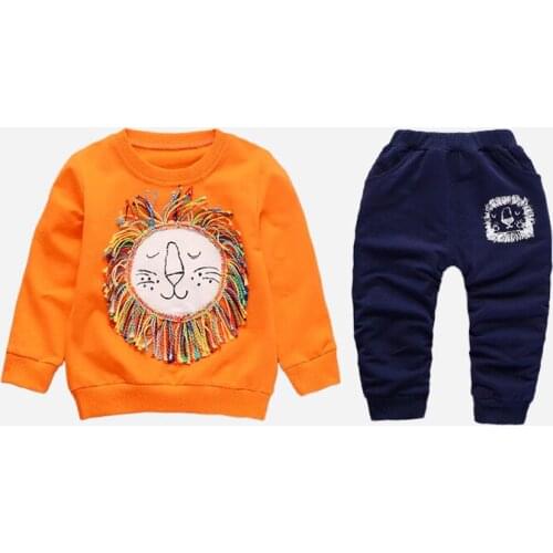 Retail Orange lion girls and boys clothe casual 2018 autumn printing hoodies + pant two pcs baby girl clothes set Kids suit XC2