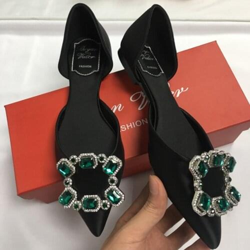 New Rhinestone Square Buckle Pumps Women Pointed Toe Satin Hollow Shoes Ladies Bride Wedding Party Shoes Women Femmes Chaussure