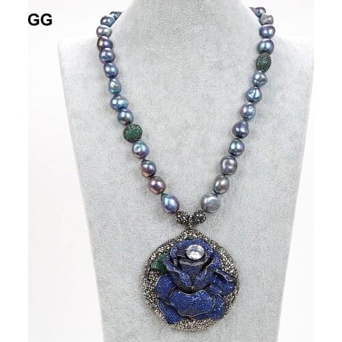 GuaiGuai Jewelry 20" Natural Black Baroque Pearl Green CZ Beads Necklace Blue Black CZ Pave Flower Pendant For Women