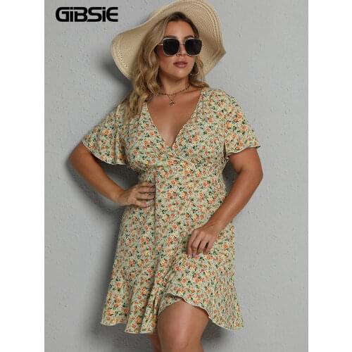 GIBSIE Ditsy Floral Print Surplice Neck Ruffle Hem Dress Plus Size 4xl xxxl Women Summer Short Sleeve A-Line Boho Mini Dresses