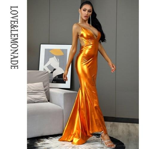 LOVE&LEMONADE Sexy Deep V-Neck Open Back Reflective Orange Bodycon Fishtail Shape Elastic Maxi Dress Christmas LM81222A