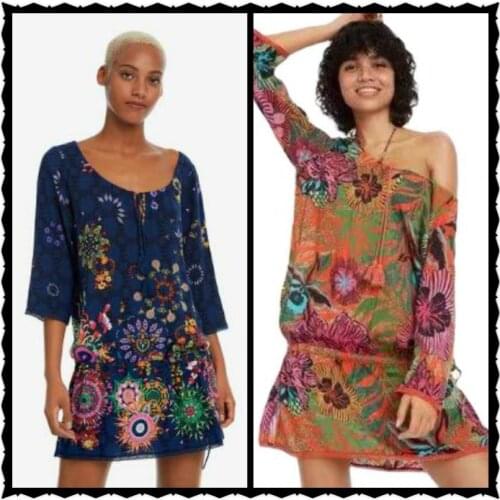 2021 new Spanish Desigual print neckline drawstring tassel midsleeve dress