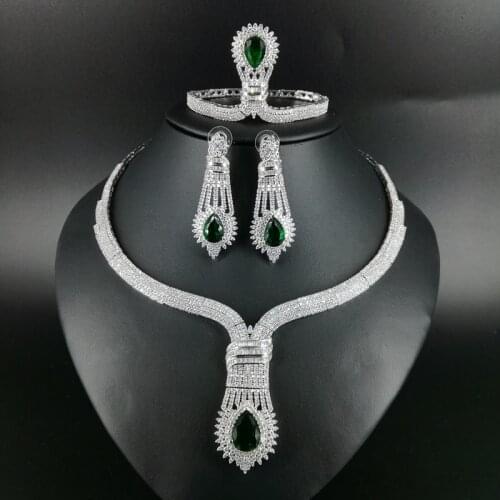 2021 new popular luruxy green CZ zircon necklace earring bracelet ring jewelry set wedding bride banquet dressing jewelry set