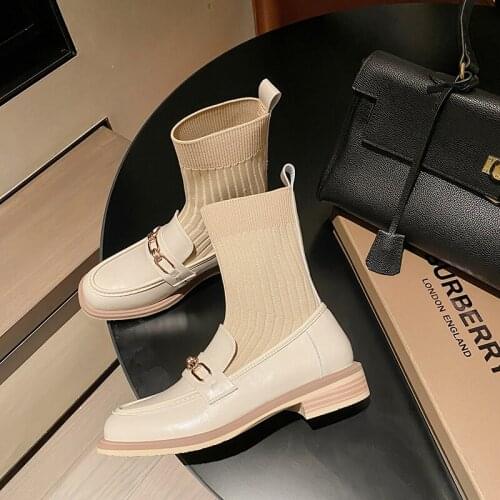 2021 Winter Women Shoes Round Toe Brown Women Boots ANKLE Female Boots Chunky Boots Stretch Knitting Sock Genuine Leather