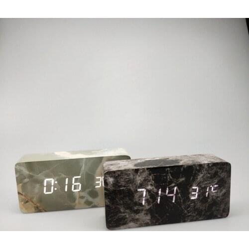 Led wooden marble stone pattern wooden clock temperature clock creative digital clock sound control electronic alarm clock 1299
