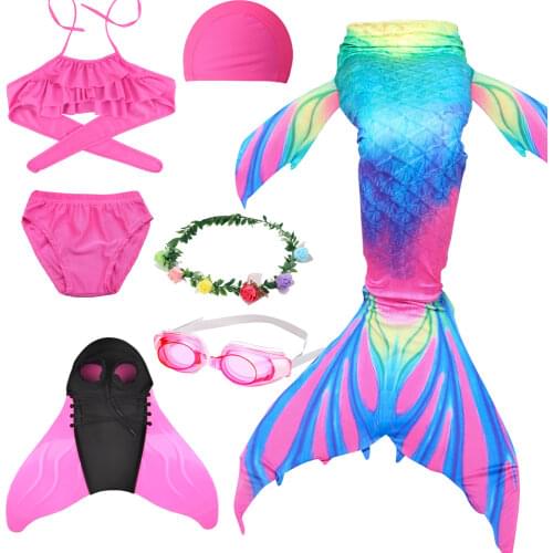 Kids Children Little Mermaid Tails With Monofin For Swimming Hat Shorts Glasses Cosplay Costume Swimmable Swimsuit 3-12Y