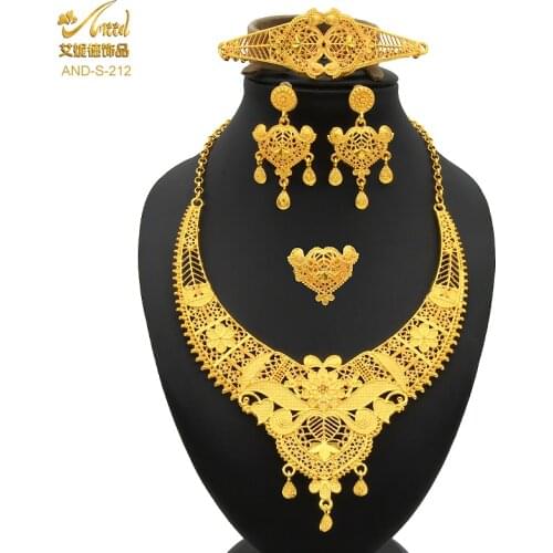 Indian Gold Plated Jewelry Sets Wedding Dubai Choker Necklace Bracelet Earring Ring Nigerian Bridal Set African Jewelery