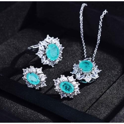 QTT Paraiba Tourmaline Gemstone Dazzling Jewelry Set Fashion Earrings Wedding Ring Pendant Necklace Set 925 Sterling Silver Gift