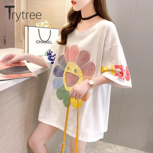 Trytree Summer Woman Casual T-shirt O-neck Cotton Blend Colored Sunflowers Printed Long T-shirt Fashion Oversize Tops For Women