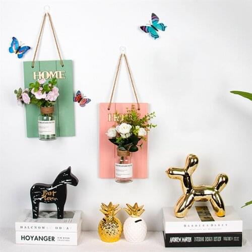 Wall Hanging Glass Nordic Vase Artificial Flower Green Plant Small Vase With Wooden Board Fire Light Decor For Home Living Room