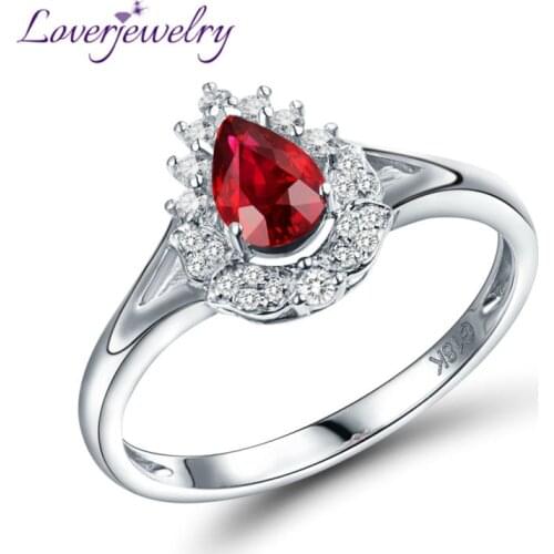LOVERJEWELRY New Arrival Jewelry Rings,Pear Shaped Solid 18Kt White Gold Ruby Ring 4x6mm Genuine Diamond WU291
