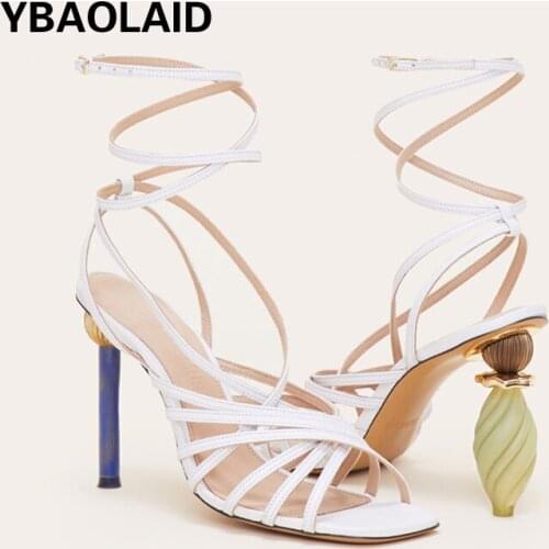 New Sheepskin Open-toe Hollow Cross Straps Profiled Heel High Heels Sexy Personality Mandarin Duck Heel One-word Buckle Sandals