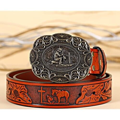 Western cowboy cross belt men pray leather novel Carve patterns or designs on woodwork for women and