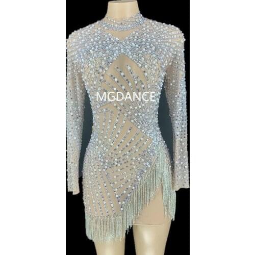 Silver Rhinestones Fringe Pearl Transparent Dress Long Sleeves Women Dance Show Bar Birthday Outfit