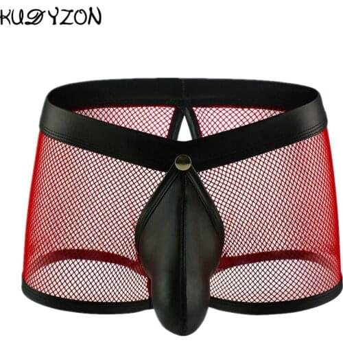 Mesh Men Boxer Underwear Breathable Boxer Shorts Men Underpants PU Leather Mens Panties Penis Pouch Sexy Underwear Boxershorts