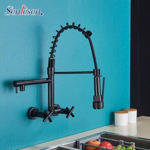 Senlsesen Kitchen Faucet Spring Tap Matte Black Dual Spout Swivel Vessel Sink Faucet Wall Mount Spray Double Tap