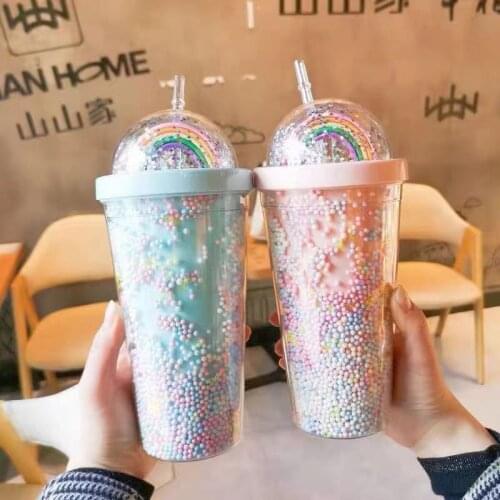 Straw cup modern cute personality color beautiful plastic water cup rainbow ins creative photo student girl heart water bottle