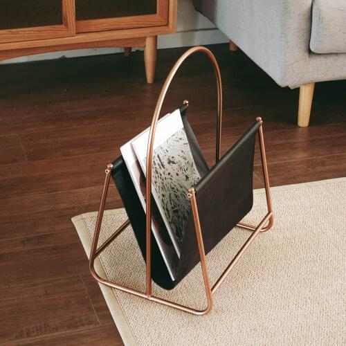Zq Magazine Rack Black Gold Light Luxury Texture Leather Metal Floor Storage Book Shelf