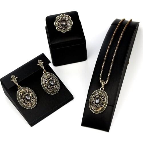 Sunspicems Vintage Bohemia Style Women Earring Necklace Ring Sets Antique Gold Color Turkish Indian Gray Crystal Jewelry Sets