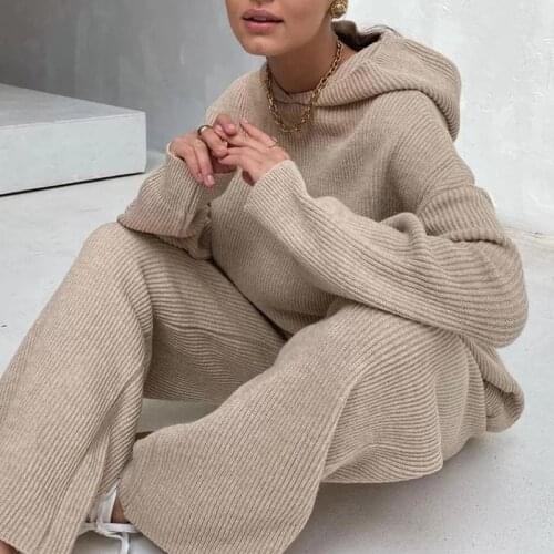 Knitted Sweater Suits Women Long Sleeve Crewneck Slim Hoodie Wide Legged Pants Striped Outfits Set Solid Y2k Two Piece Tracksuit