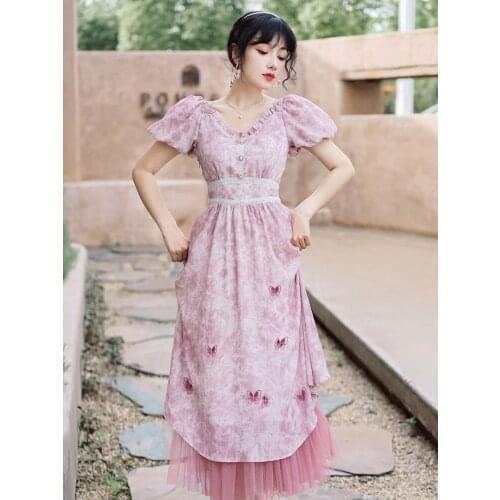 Make the spot of French fairy palace of cultivate ones morality v-neck wind restoring ancient ways floral chiffon dress pricing