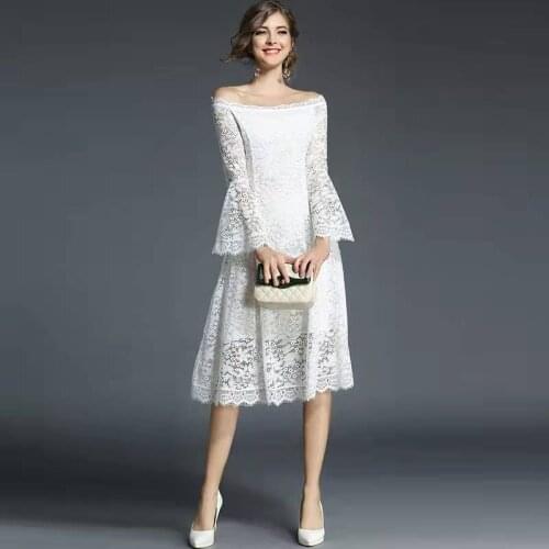 Flare sleeve dress women 2021 slash neck lace sexy dress solid off the shoulder midi dresses for women