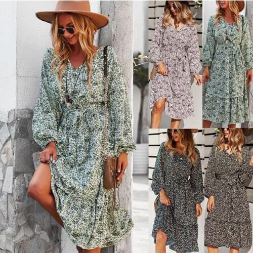 HFF 2021 Fashion Womens V-neck Sexy Big Swing Dress Fall/Winter Dress Floral Loose Knee-Length
