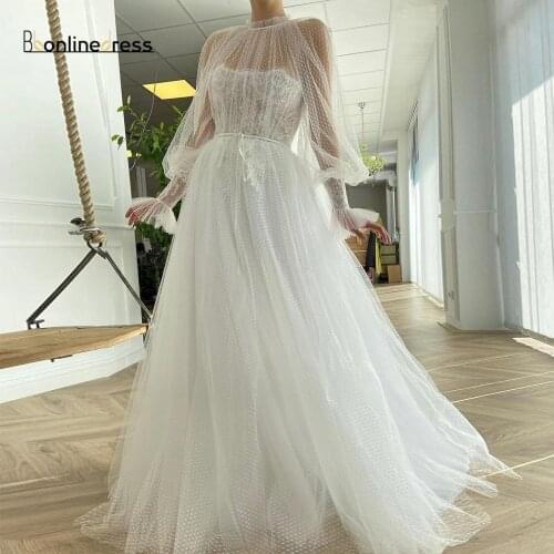 Tulle Puffy Sleeve White Evening Dress A-Line High Collar Transparent Lace Formal Party Prom Dress Robe De Soiree