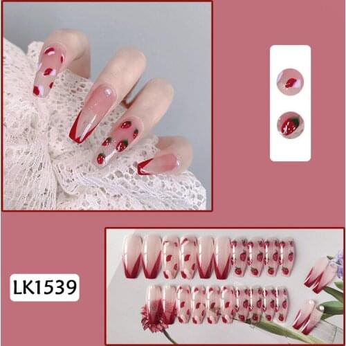 24pcs Strawberry Printed Nail Patch Glue Type Removable Long Paragraph Fashion Manicure Save Time False Nail Patch SK88