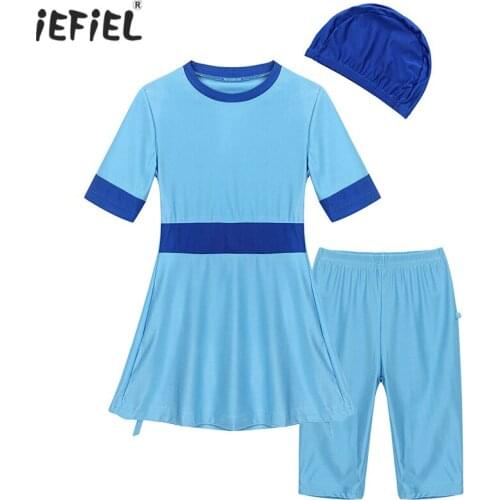 Quick-Dry Kids Girls Vibrant Color Muslim Short Sleeve Swimsuit Tops with Shorts Swimming Cap Set Swimwear Bathing Suit