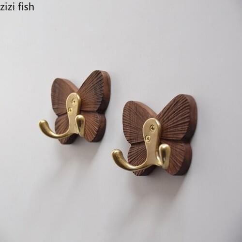Brass Wood Butterfly Hook Hand-carved Key Decorative Hook Wall-mounted Storage Hooks Sticky Hooks Hangers Decoration Accessories