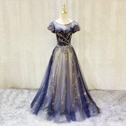 Elegant O-Neck Appliques Evening Dress Empire Short Sleeves Sequins A-Line Backless Floor-Length Party Formal Dresses Woman B957